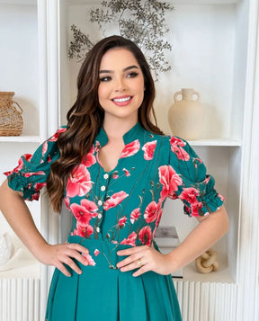 Vestido MIDI Algodão/Lesse Verde com Rosas