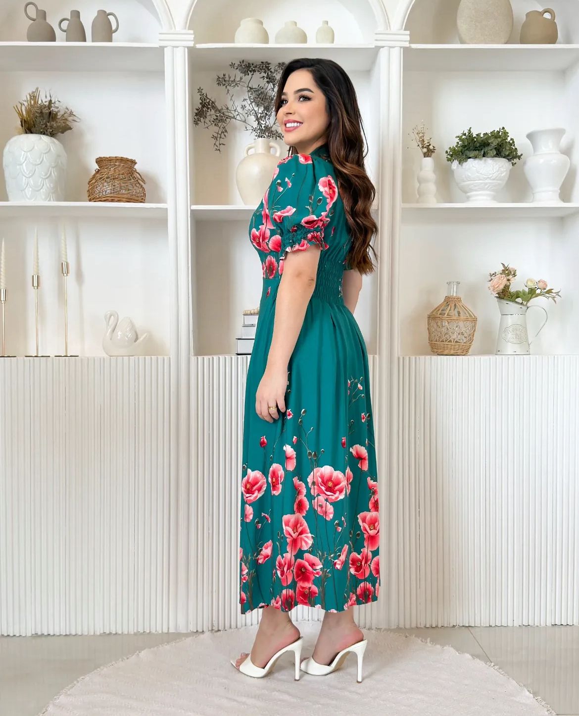 Vestido MIDI Algodão/Lesse Verde com Rosas