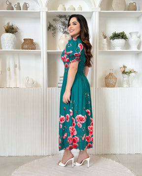 Vestido MIDI Algodão/Lesse Verde com Rosas